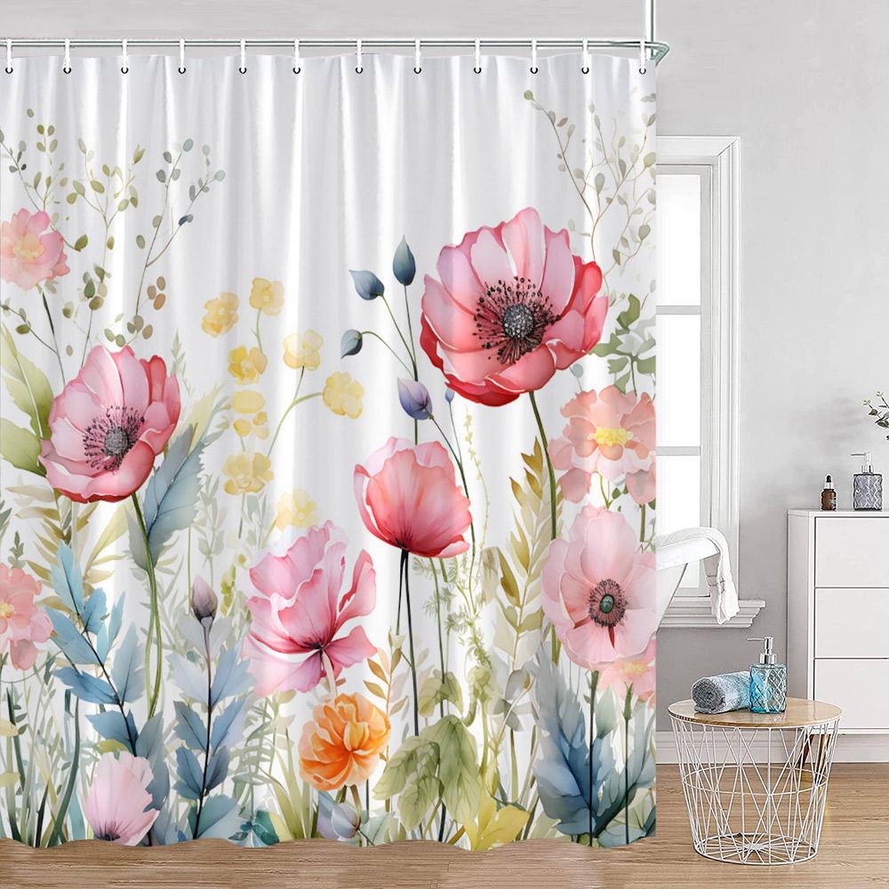 Watercolor Flowers Shower Curtains Colorful Flower Green Plants Botanical Bathroom Decorations Modern Aesthetic Bath Curtains