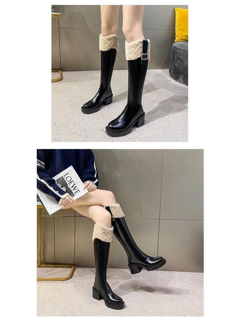 Women's Fleece-Lined Over-the-Knee Cotton Boots with Chunky High Heels and Furry Slimming High-Shaft Design