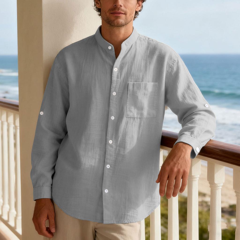 New Spring/Autumn Linen Long-Sleeved Men's Shirt Casual Beach Holiday Stand-Up Collar Commuter Shirt