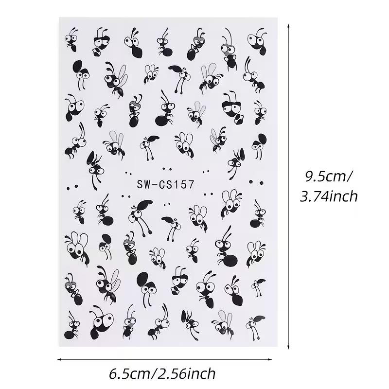 Cute Cartoon Ant Nail Stickers - Matte Finish Self-Adhesive Resin Decals for Fingernails & Toenails, Black & White