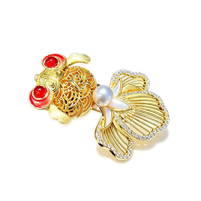 Filigree Goldfish Pearl Brooch 6-7Mm Seawater Madama Akoya Cubic Zirconia Brooch Pin Wedding Bridal Party Jewelry жёлтый