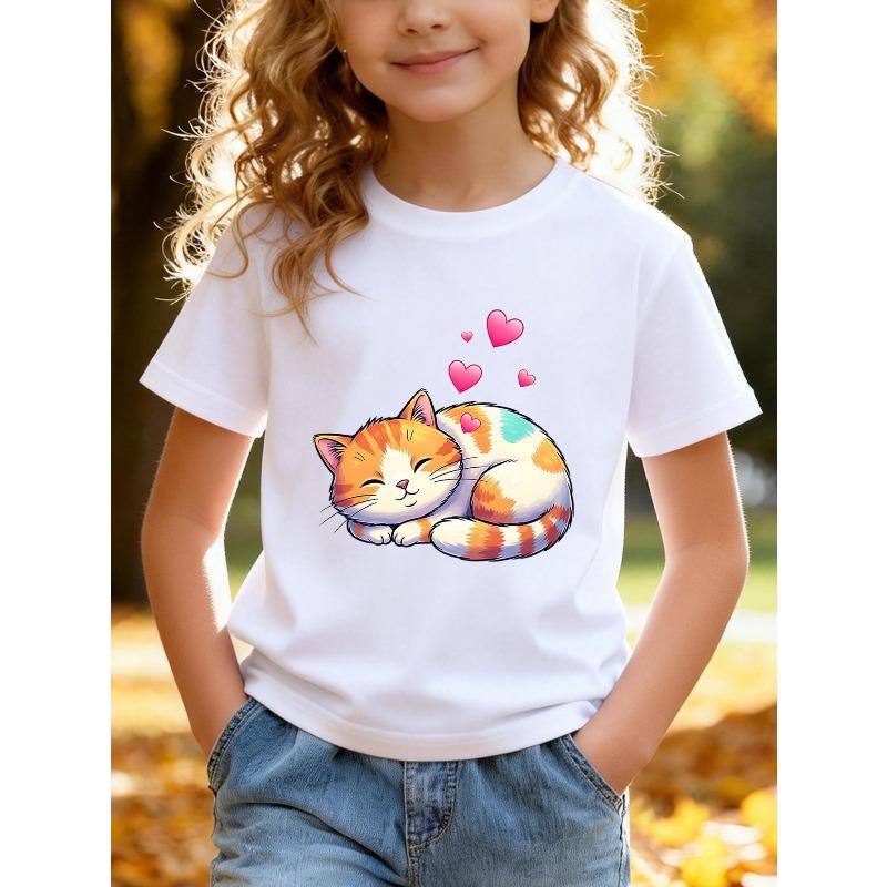 Girls Summer Crewneck T-Shirt, Cute Orange Cat & Heart Cartoon Print 110