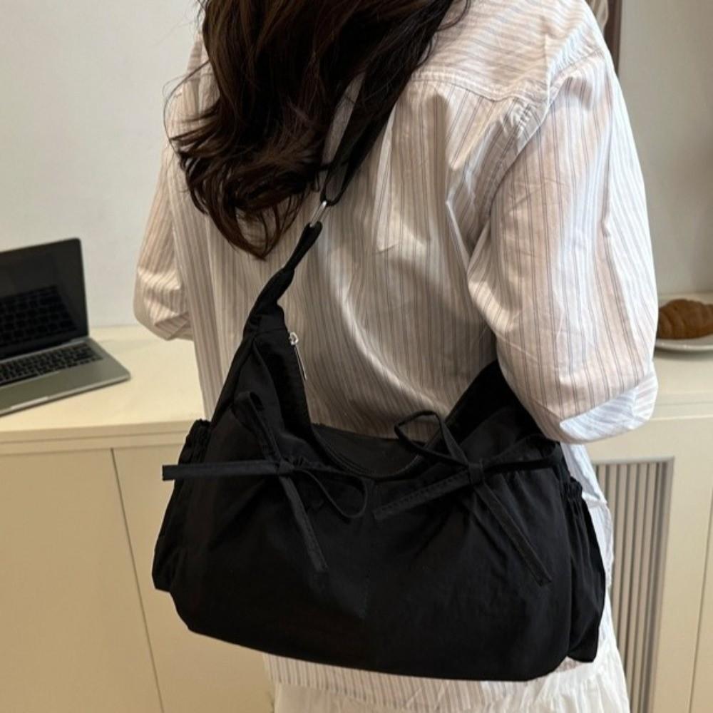 Pleated Bow Crossbody Bag Multiple Pockets Hobo Bag Sweet Nylon Shoulder Bag  Girls