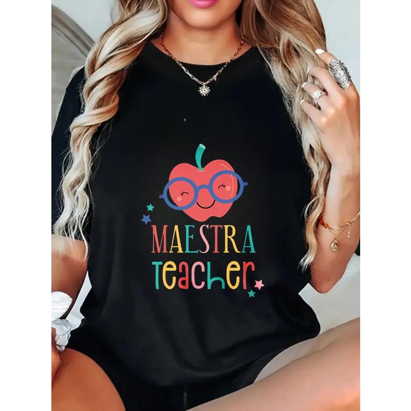 Oversized T Shirt Black Apple With Glasses Maestra Teacher Print Casual Wear For Teachers School Spirit Outfit