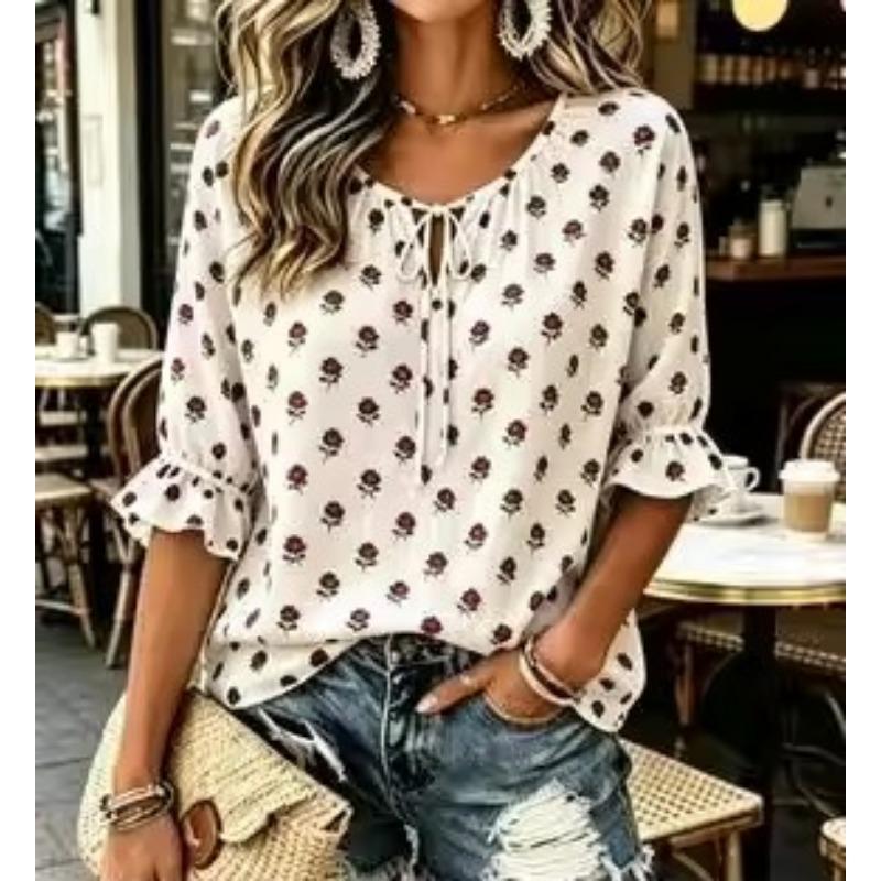 Women's Tie Keyhole Neck Blouse, White Base Tiny Pink Ditsy Floral Scroll Print, Loose Fit for Spring Summer Daily Outfits
