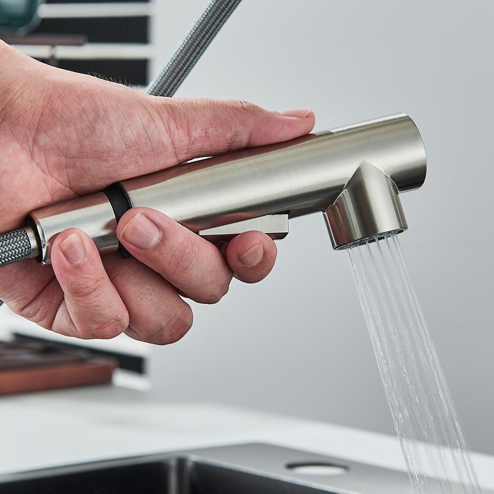 Pull Out Kitchen Sink Faucet High Pressure Two Model Stream Sprayer Nozzle Stainless Steel Tap Deck Install Hot and Cold Water