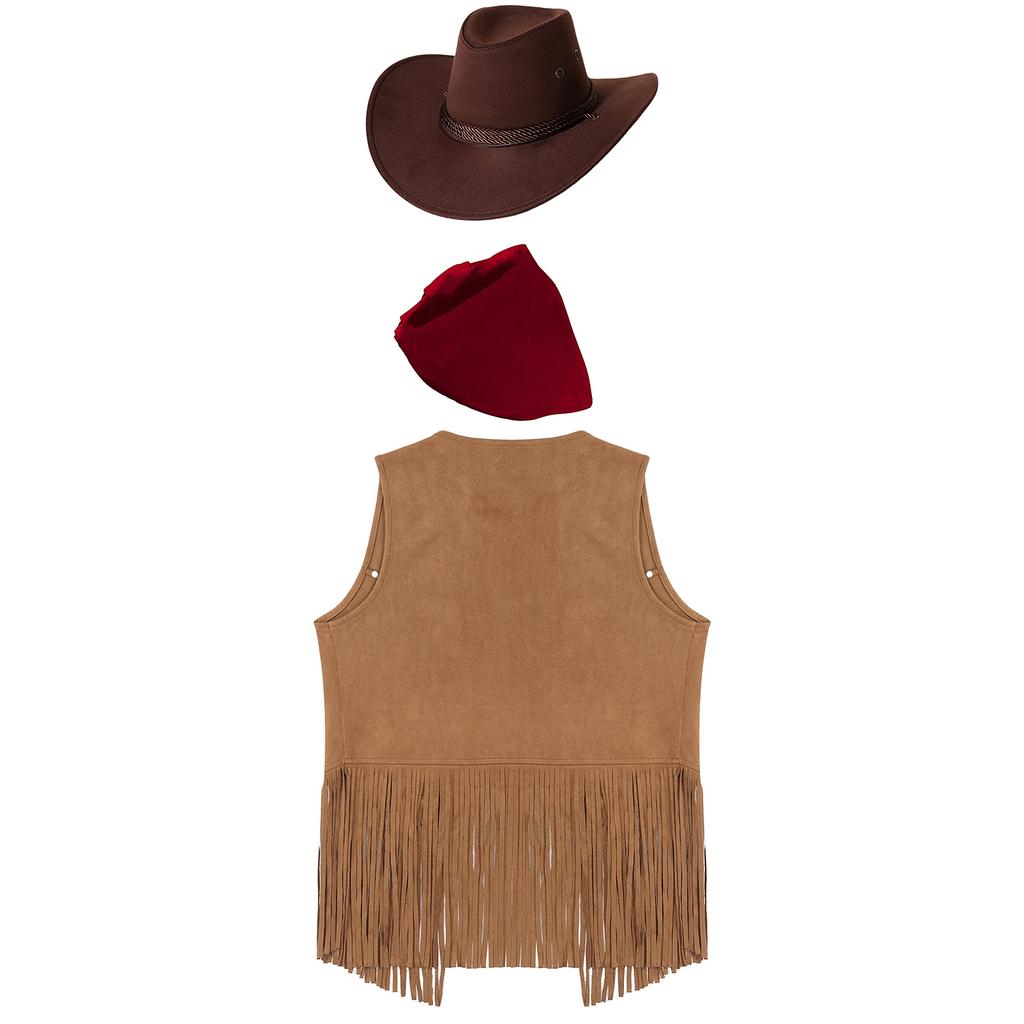 Mens Western Cowboy Costume Faux Suede Tassel Vest with Rivets Design Vintage Bandanna Hat 3 Piece Set
