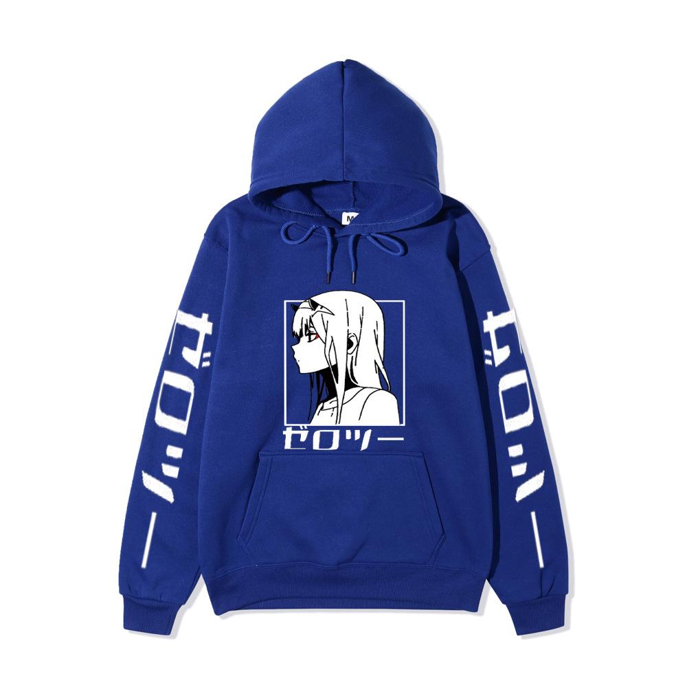 Zero Two Side Profile Anime Hoodie Japanese Letter Print Black Casual Long Sleeve Hooded Sweatshirt Pullover