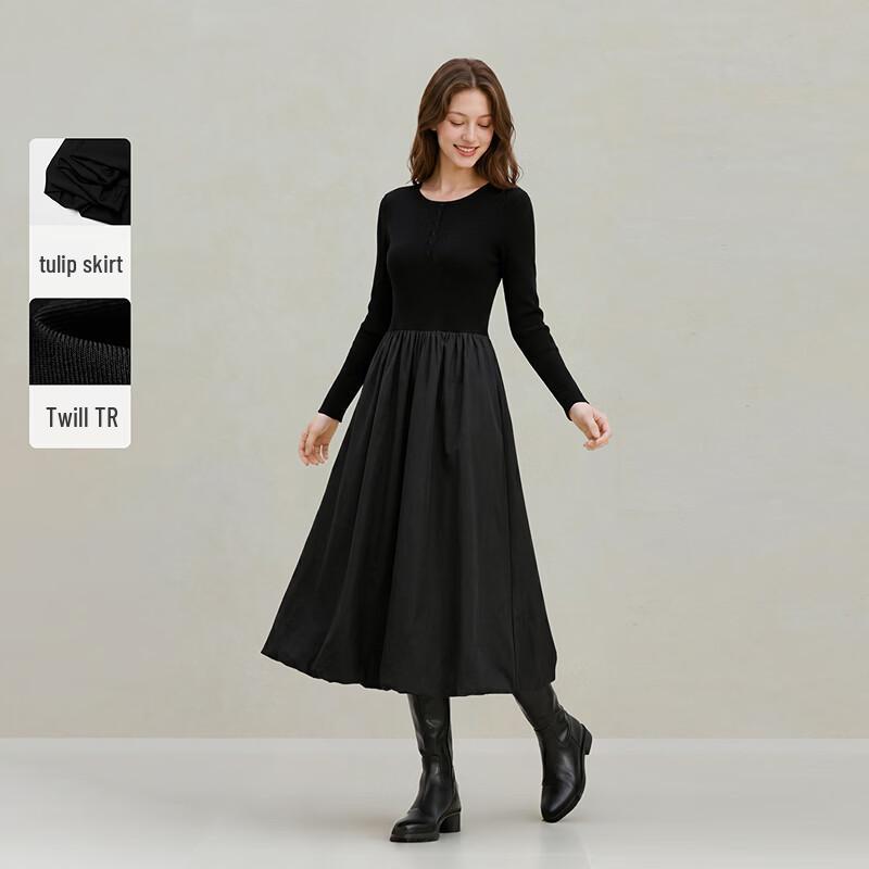 INMAN Henry Collar Knitted Splice A-line Dress XL