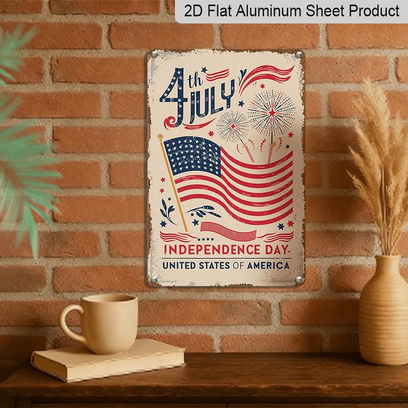 2D Flat Vintage 4th of July Independence Day Aluminum Wall Art Sign - Patriotic American Flag Design with Fireworks & Stars, Rustic Home Decor for