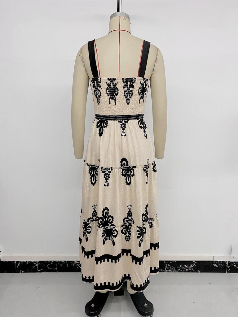 2026 Summer Ethnic Print Spaghetti Strap Long Dress - European/American Vacation Style