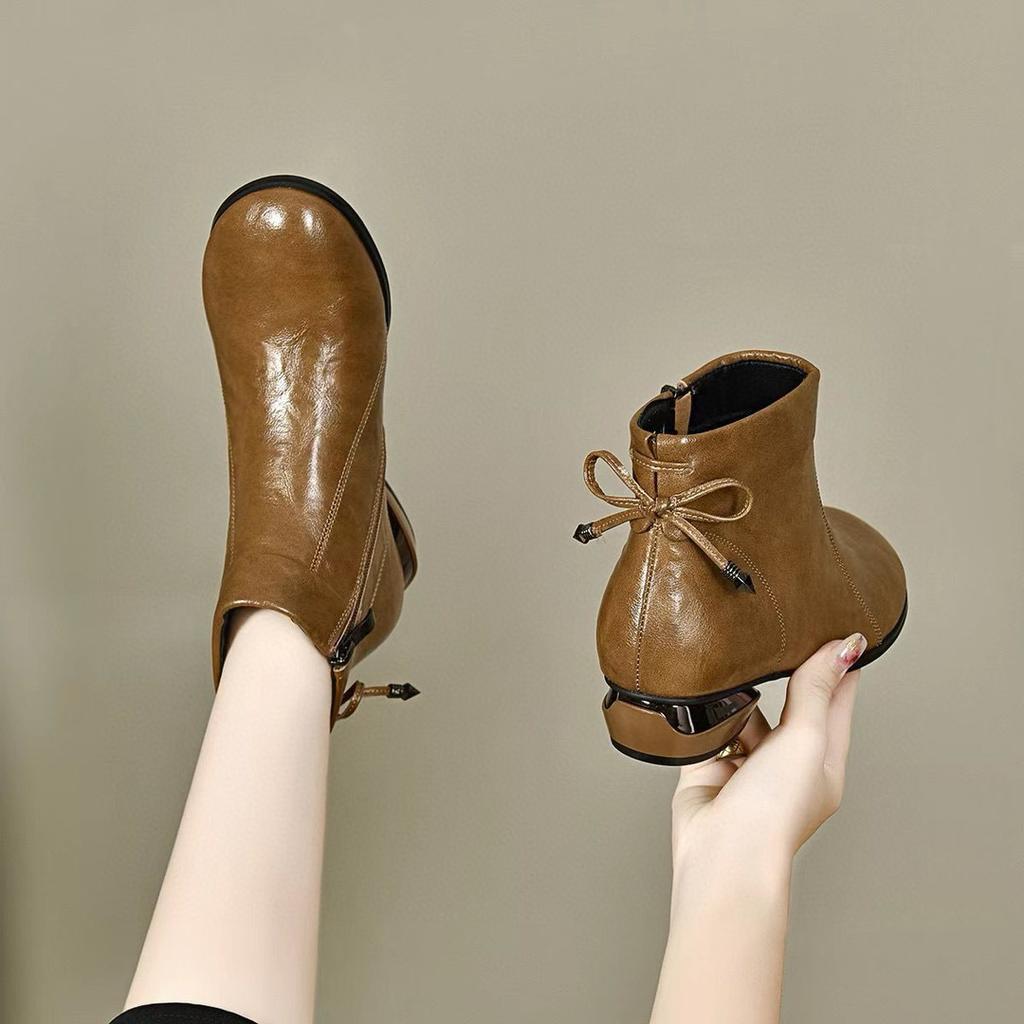 Short boots women's autumn and winter new round head bow low heel flat cotton boots casual women's boots cotton boots leather boots