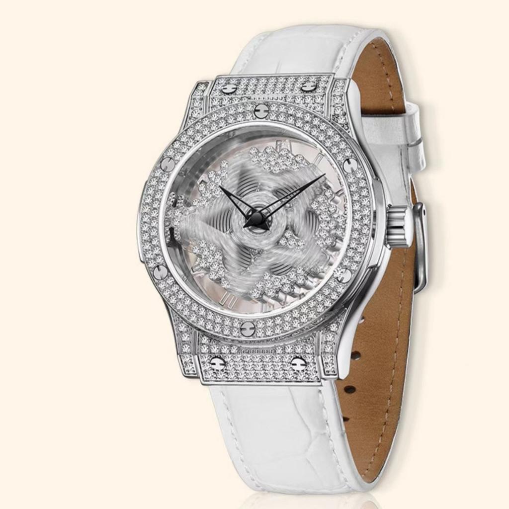 Damen Uhr Rad 360 ° Drehung Fünf Sterne Hohl Voll Strass Weiblich Uhr Uhren