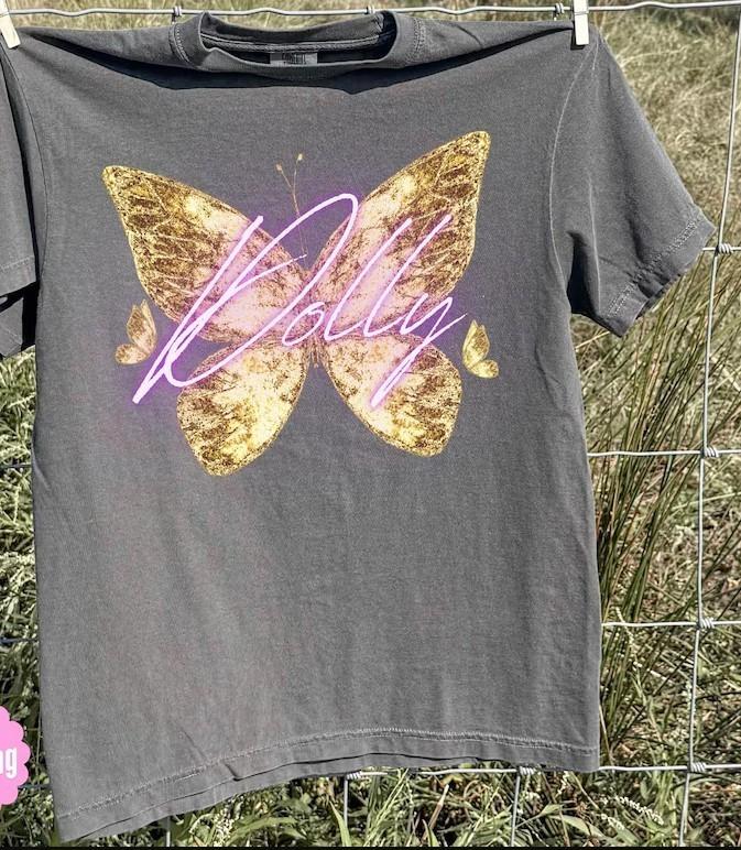 DOLLY PARTON TEE - Butterfly Signature Chacoal Color Shirt AN69641