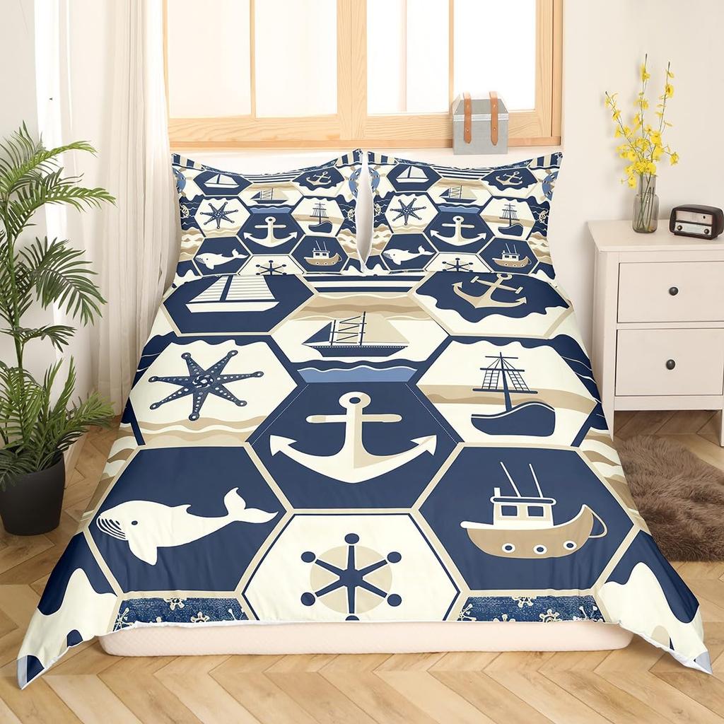 whale and Anchor duvet cover set for teens kids boys queen Lightweight Bedspread Cover bedroom Decor Navy Blue Ocean Bedding Set