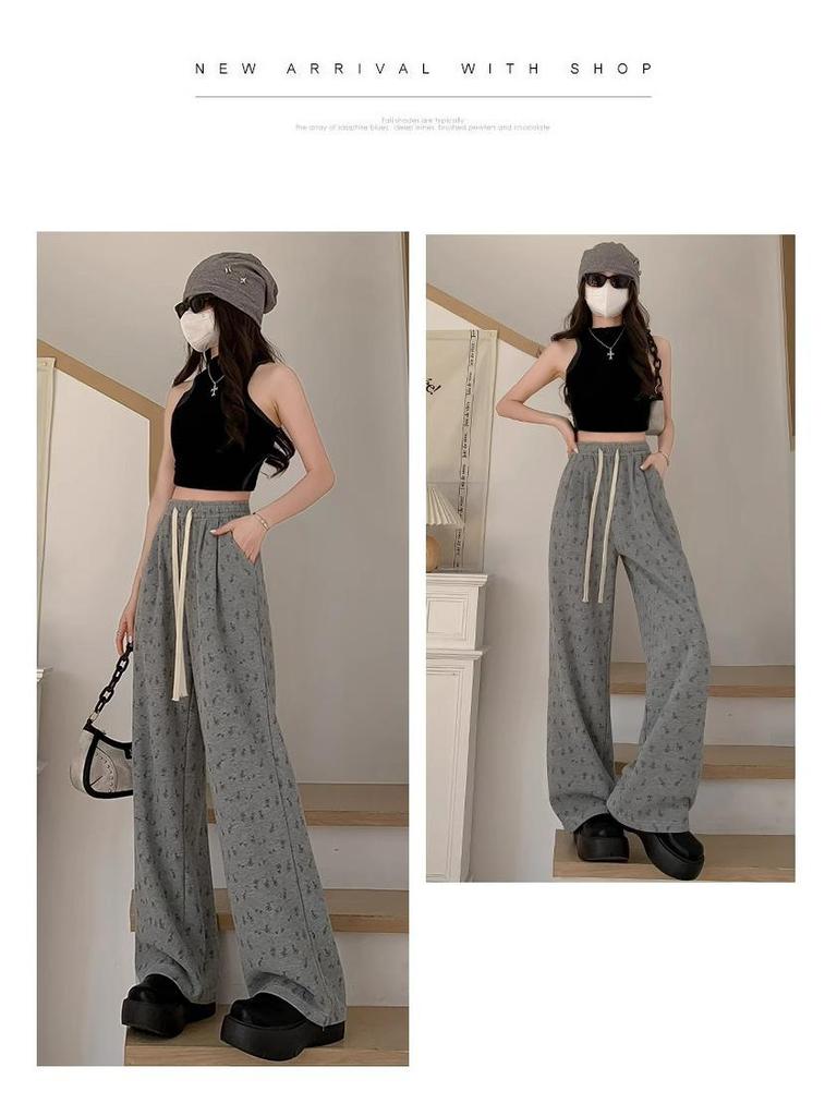 Petite 150 Women's Floral Wide-Leg White-Gray Sweatpants: Casual Spring/Summer American Style 145cm