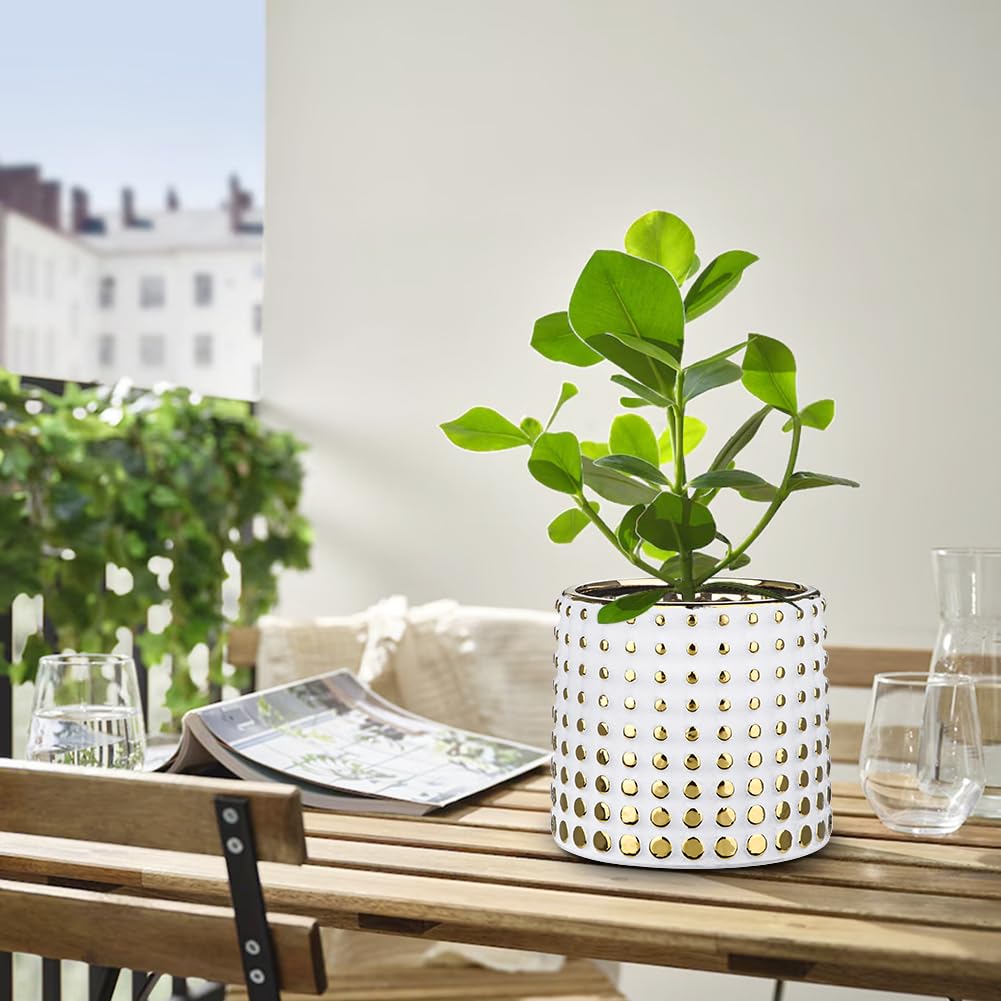 Villa Como Flower Ceramic Stylish with Potted Indoor Gold Pot, Pot, Planter, No. 4.5, Holes, Pot, Plant, Interior, Room, Office, Decoration, White,