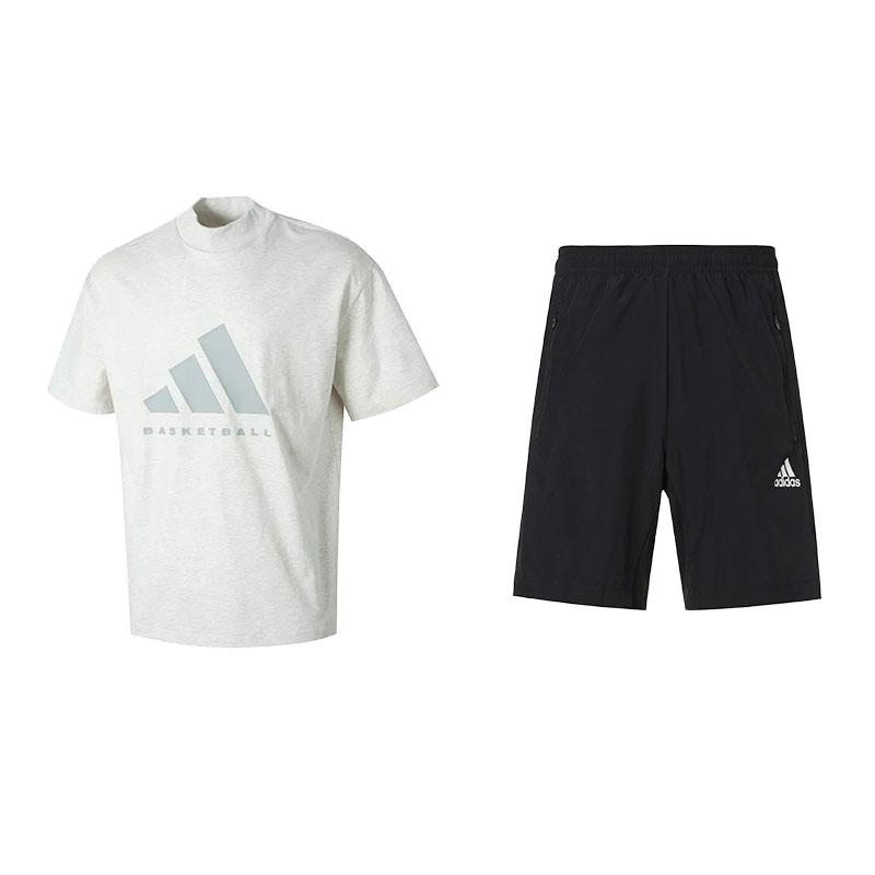 

Adidas Logo Print Round Neck Pullover Short Sleeve Top And Mid Waist Shorts Casual Sports Set Men sets IX1968+GT8161 S