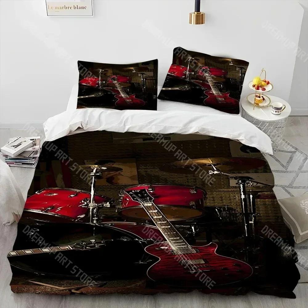 Drum Kit Music Instruments Guitar Comforter Bedding Set,Duvet Cover Bed Set Quilt Cover Pillowcase,King Queen Size Bedding Set