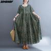 Dimanaf Women Dress Summer Plus Size Beach Sundress Linen Bohemian Print Flowers Fashion Lady Vestidos Loose Casual Long Dress Oversize 9079