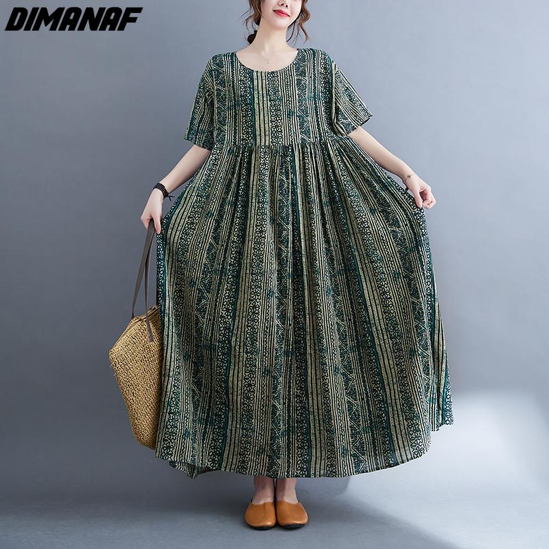 Dimanaf Women Dress Summer Plus Size Beach Sundress Linen Bohemian Print Flowers Fashion Lady Vestidos Loose Casual Long Dress Oversize 9079