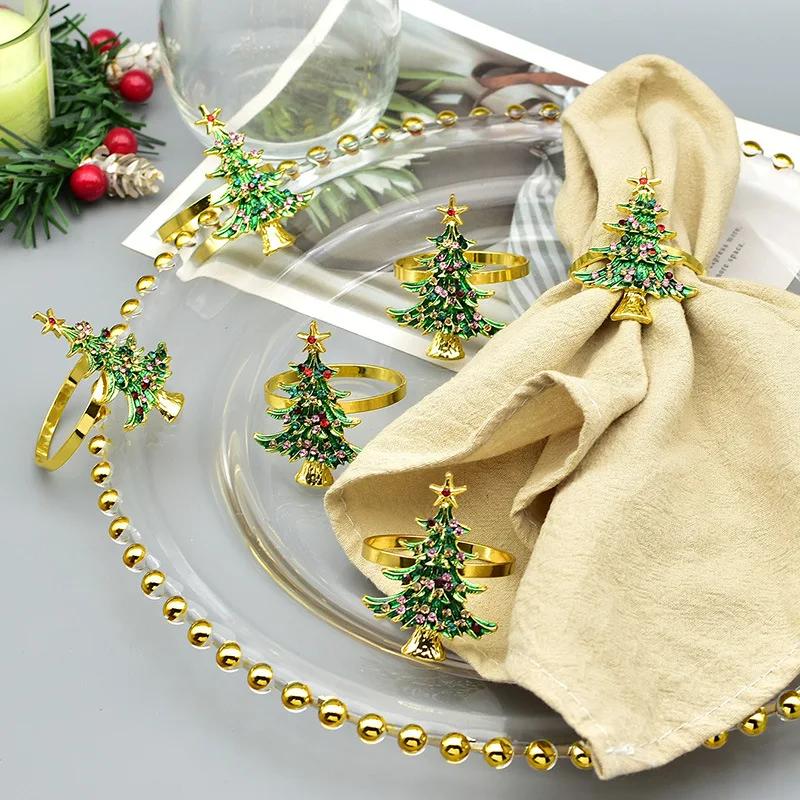 Gold Plated Christmas Tree Napkin Ring Luxury Green Dinner Button Holder for Western Restaurant Table Setting Decor