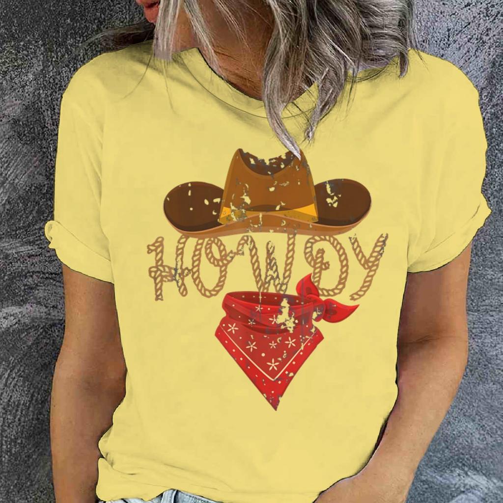 Retro Howdy Cowgirl Print T-shirts For Women Summer Short Sleeve Crew Neck T-shirt Vintage Graphic Tops Tie Dye T-shirts