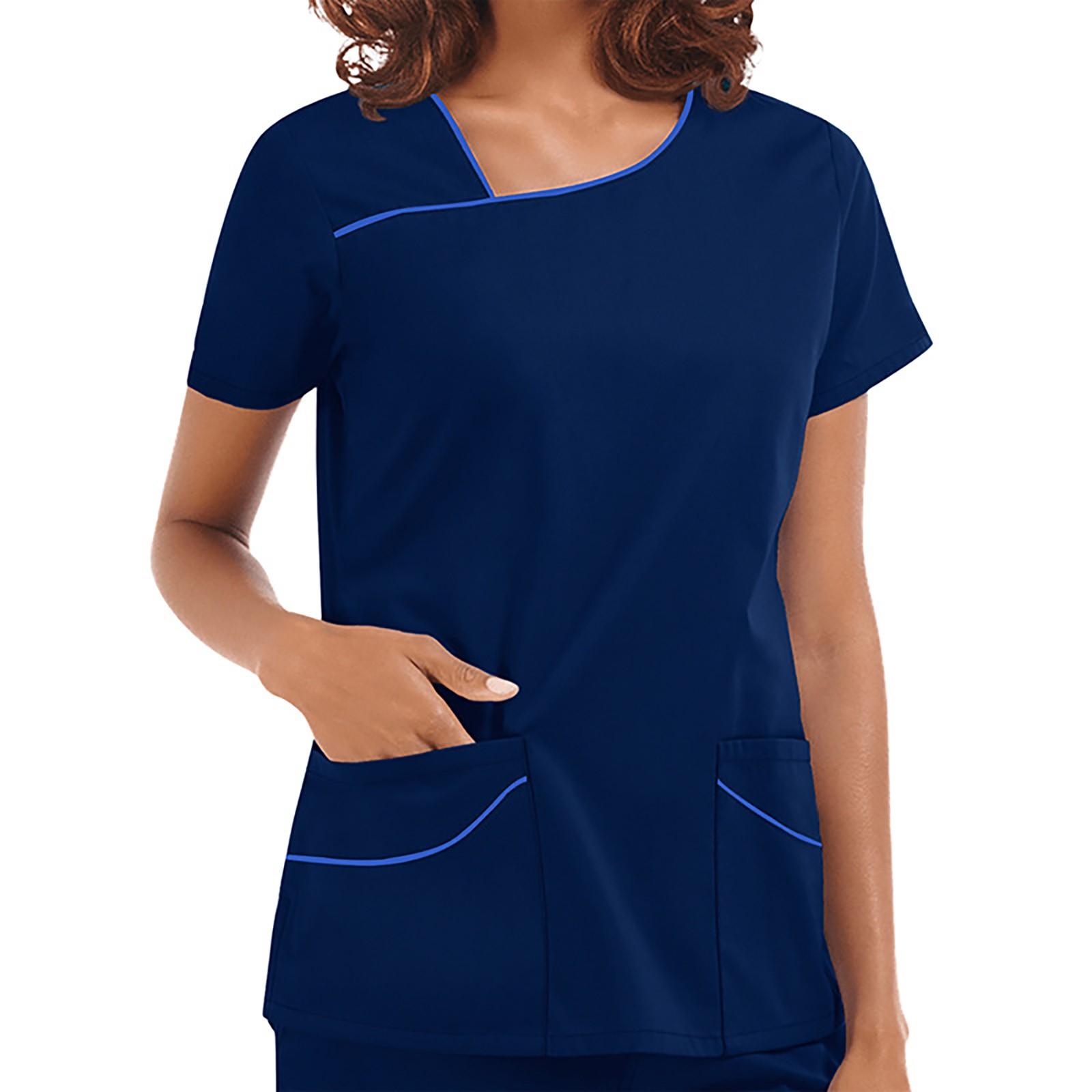 

Women s Short Sleeve Pocket Top Work Lsolation Clothing Top S тёмно-синий