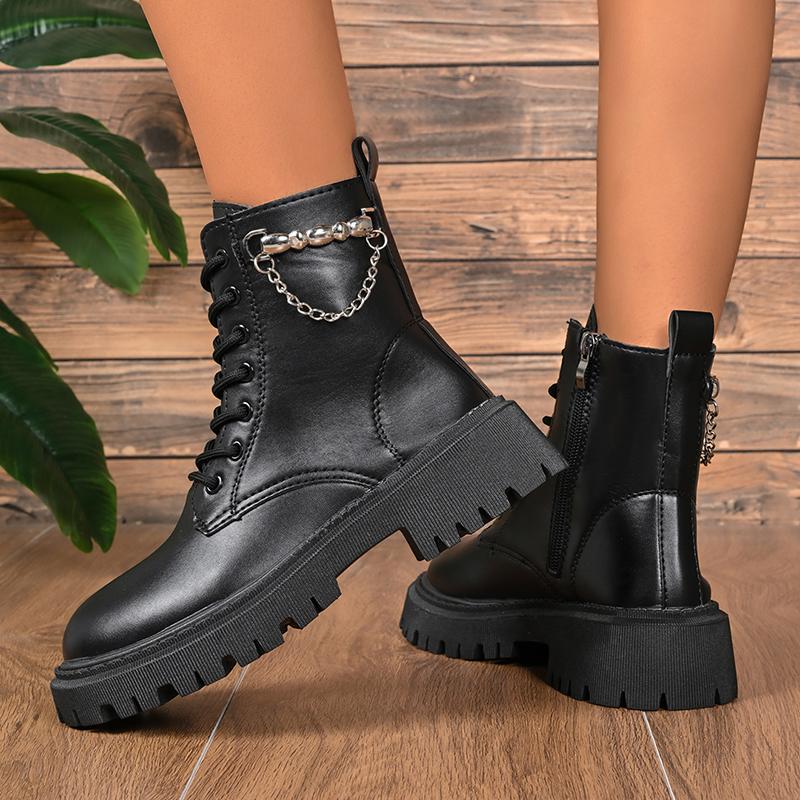 Fashion Black PU Leather Ankle Boots for Women Fashion Chain Decor Motorcycle Platform Boots Woman Autumn Winter Zip Lace Up Botas Mujer