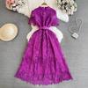 Light Luxury Celebrity Temperament Short Sleeve Stand Collar Waist Thin a Word Hollow Lace Dress Elegant Long Dress