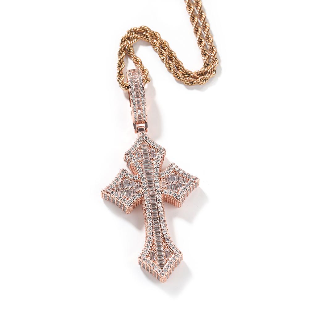 

THE BLING KING 3pcs Cross Set Pendant Necklace Iced Out Baguettecz Cubic Zirconia Link Chain Luxury Hiphop Jewelry For Gift Cuban chain&30inch рожевий колір золота