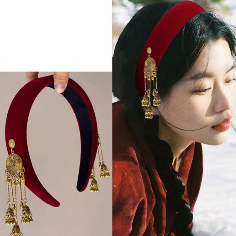 Ethnic Headband Wine Red Christmas Headbands Tassel Pendant Hair Accessory Mixed Materials Retro Hairband For Cosplay Party