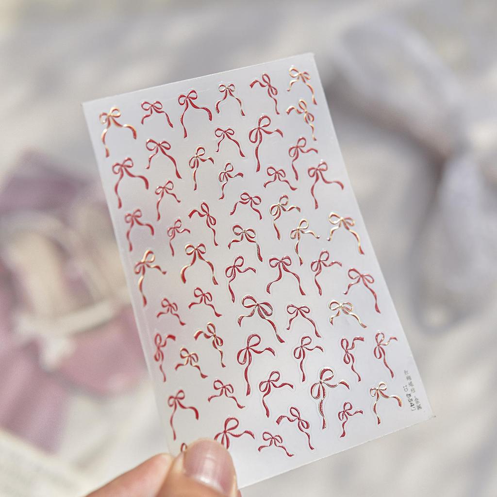 Tomoni Red Bow Minimalist Nail Art Stickers - Modern Embossed INS Style