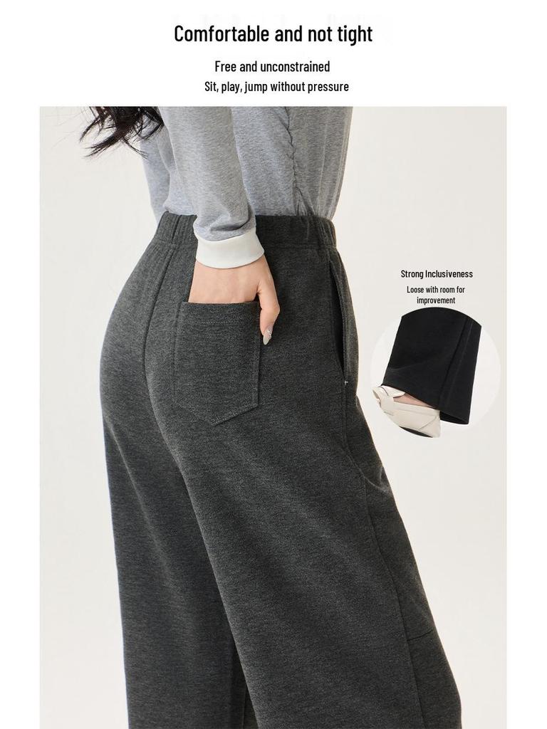 Women's High Waist White Wool-Blend Fleece Pants - Slimming, Versatile, Straight/Wide Leg Winter Casuals.