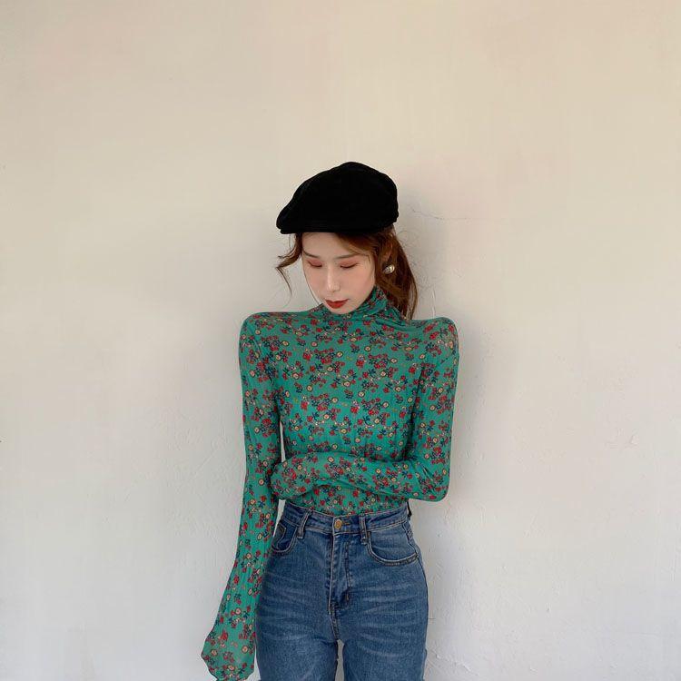 Hong Kong Style Vintage Chic Slimming Floral Top Women's Sexy Mesh Base Layer High Neck Sun Protection Shirt
