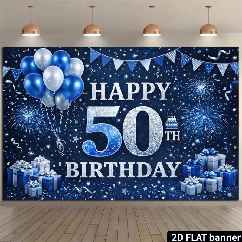 2D Flat Glitter 50th Birthday Banner Blue & Silver Themed Backdrop with Balloons & Gifts