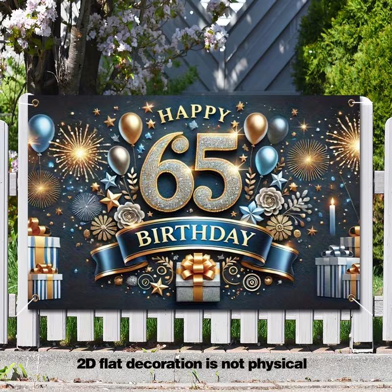 2D 65. Geburtstag Party Hintergrund, Blau Gold Ballon & Geschenkbox Hintergrund für Fotokabine & Dekoration