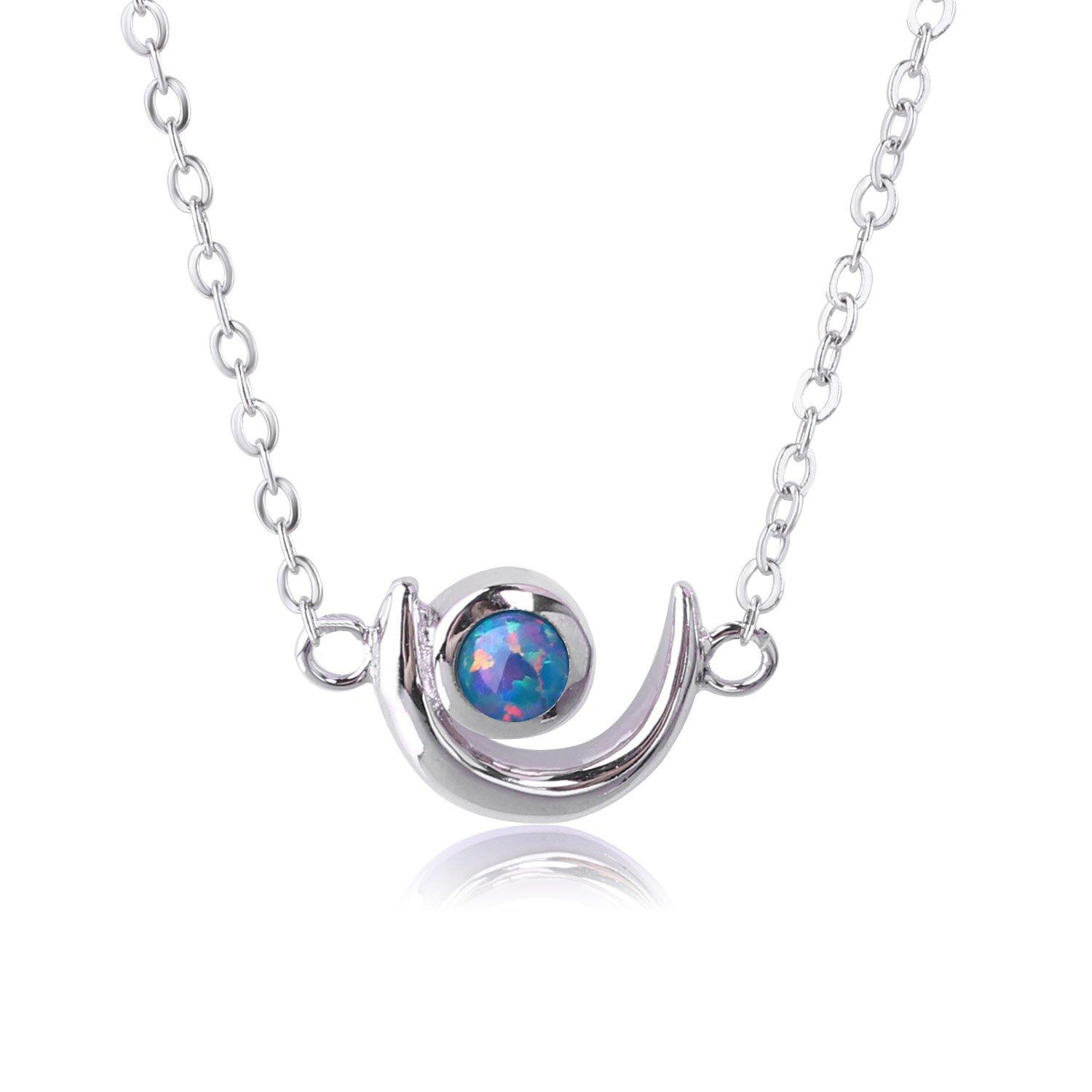 KELITCH Women s Choker Necklace with Synthetic Opal & Moon Oval Pendant (16-18 inch) Chain (Color)