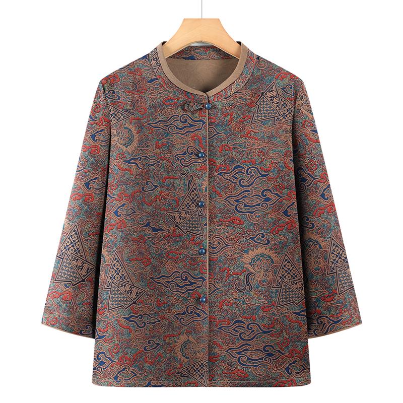 

Elderly Women s Stylish Print Stand Collar Shirt with Frog Buttons 5XL (142-160 jin)
