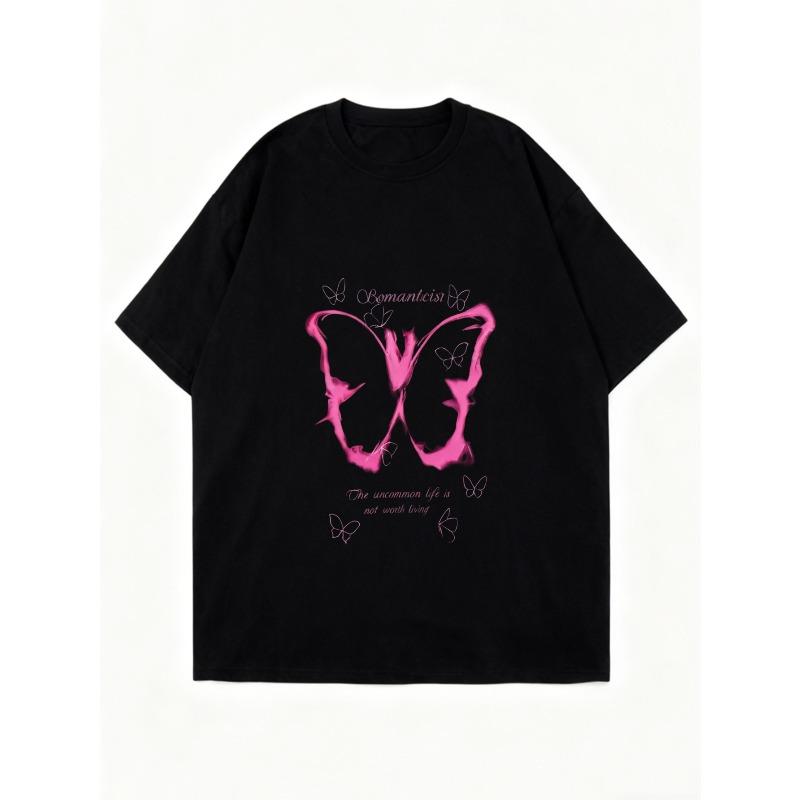 Oversized T Shirt Black Romanticism Butterfly Print With Inspirational Quote Casual Streetwear For Women