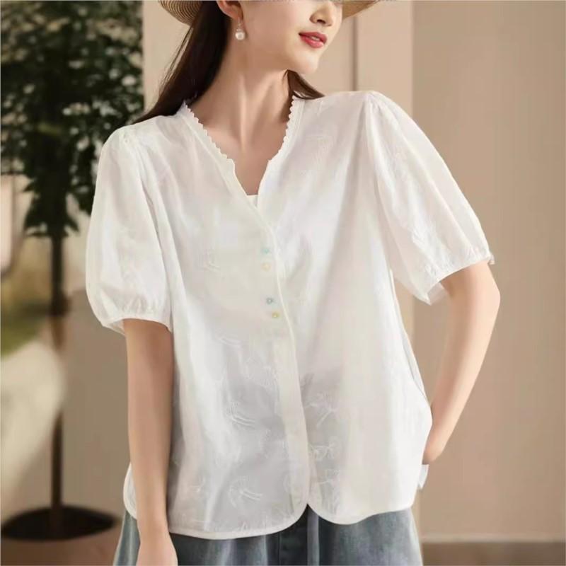 Johnature Woman Summer Fashion Embroidery Cotton Short Sleeves Shirt Chinese Style Vintage Solid Color Loose Shirt