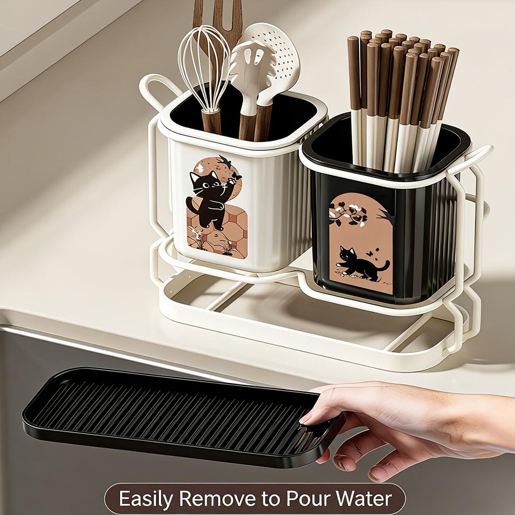 Carbon Steel Kitchen Rack Cat Pattern Counter Storage Detachable Drip Tray Holder Knive Chopsticks Spoons Cooking Daily Utensils