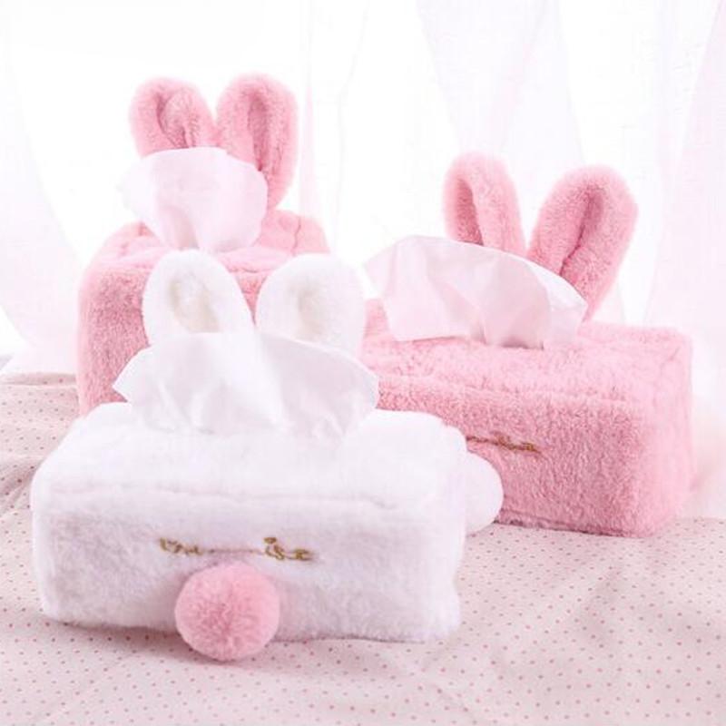 Sweet Color Pink White Plush Rabbit Tissue Box Durable Home Car Hotel Sofa Paper Tissue Holder Napkin Case Pouch Girl's Gift