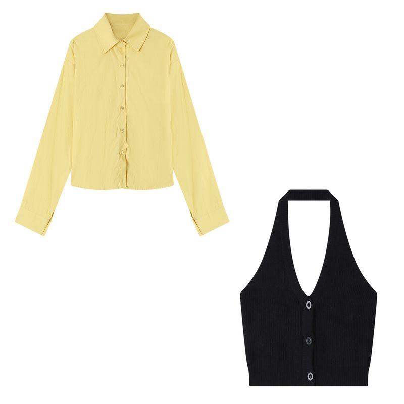 

Kumikumi Sweet Set Loose Yellow Long sleeve Shirts Women Autumn Stacked Black Vest Vest True two-piece set L