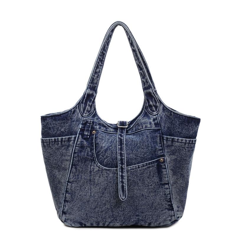 

Denim Tote Bag with Front Pockets Large Capacity Shoulder Bag for Shopping and Daily Use темно-синий