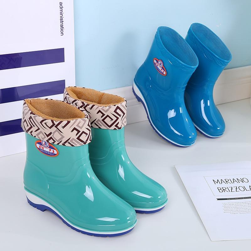 Short tube fashion rain shoes women's winter velvet adult warm rain boots waterproof shoes wear-resistant kitchen rubber shoes non-slip
