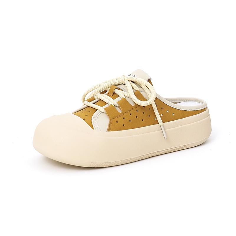 Leather slippers women's 2025 summer new girls wear fashion shoes breathable half slippers retro beach shoes