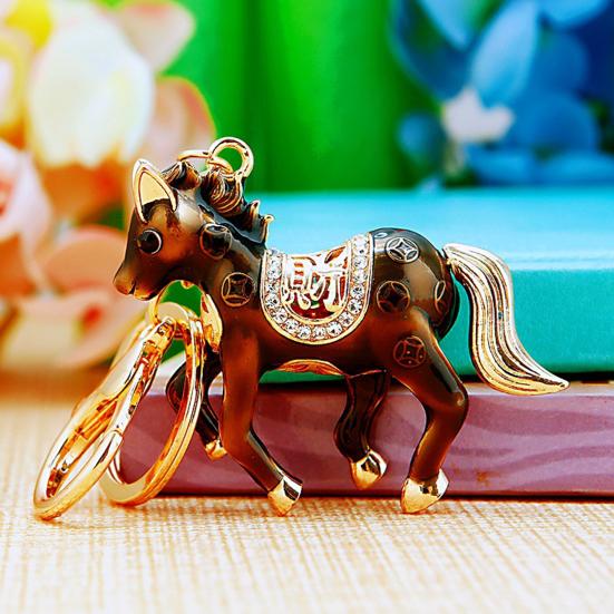 Keychain Pendant Double-Sided Rhinestone Chinese Zodiac Fortune-Attracting Horse Key Chain Metal Handbag Charm