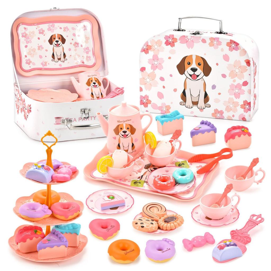 Tea Party Set for Little Girls,Kids Kitchen Pretend Play for Girls Boys Age 3-8, Kitchen Toys with Teapot,Cups,Plates & Storage Case,Princess Gift Set