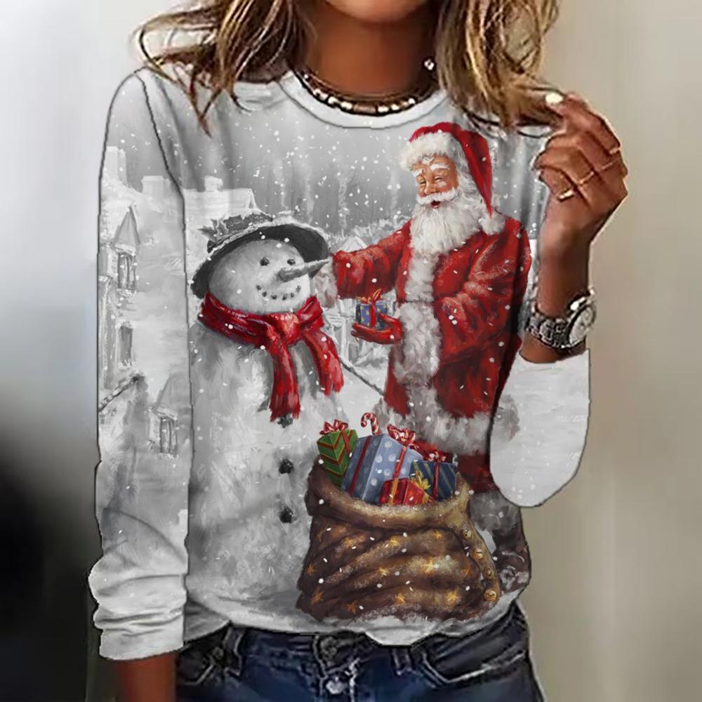 2025 Winter Women Loose Round Neck Long Sleeve T Shirts Fashion Casual 3D Santa Claus Gift Pattern Printed Christmas Party Tops